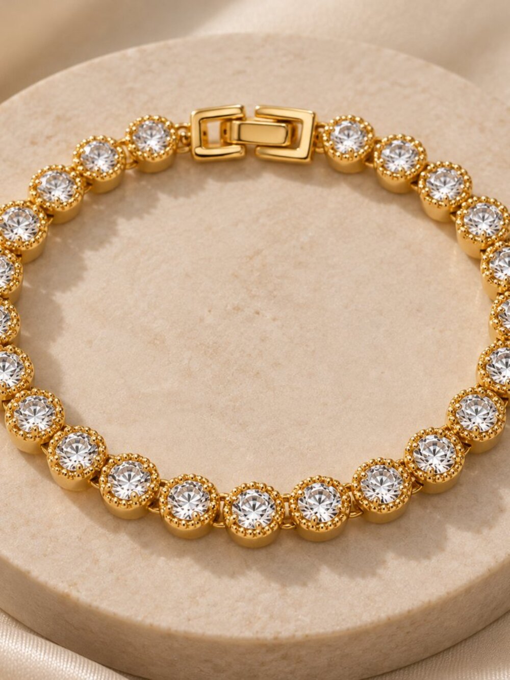 Gold-Tone Crystal Tennis Bracelet | Round Stone Bracelet | 7.5" 2001